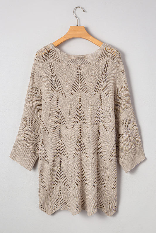 Parchment Hollow Out Knit 7/8 Sleeve Casual Sweater