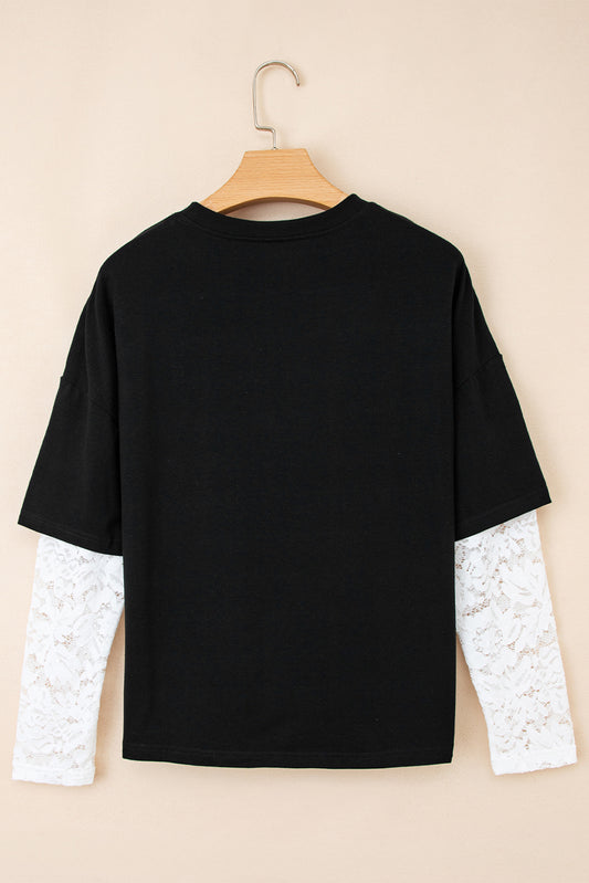 Black Lace Long Sleeve Insert Drop Shoulder Tee