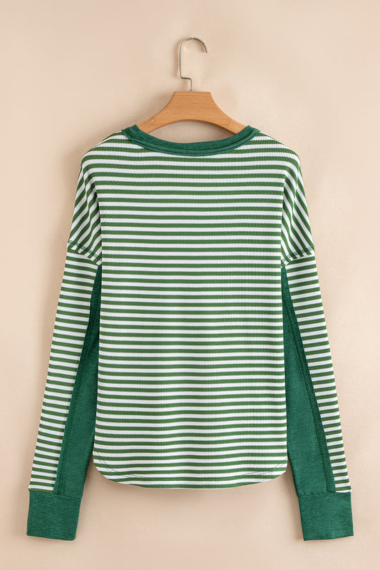 Green Stripe Thermal Knit Drop Shoulder Casual Top