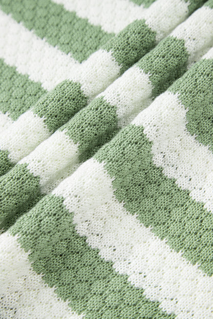 Green Stripe V Neck Short Sleeve Sweater with Side Slits