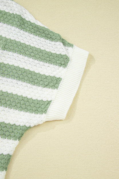Green Stripe V Neck Short Sleeve Sweater with Side Slits