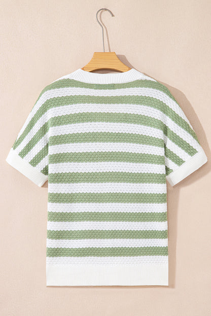 Green Stripe V Neck Short Sleeve Sweater with Side Slits