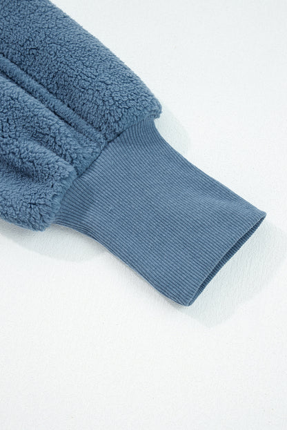 Sail Blue Fleece Drop Shoulder Exposed Seam Patchwork Casual Sweatshirt