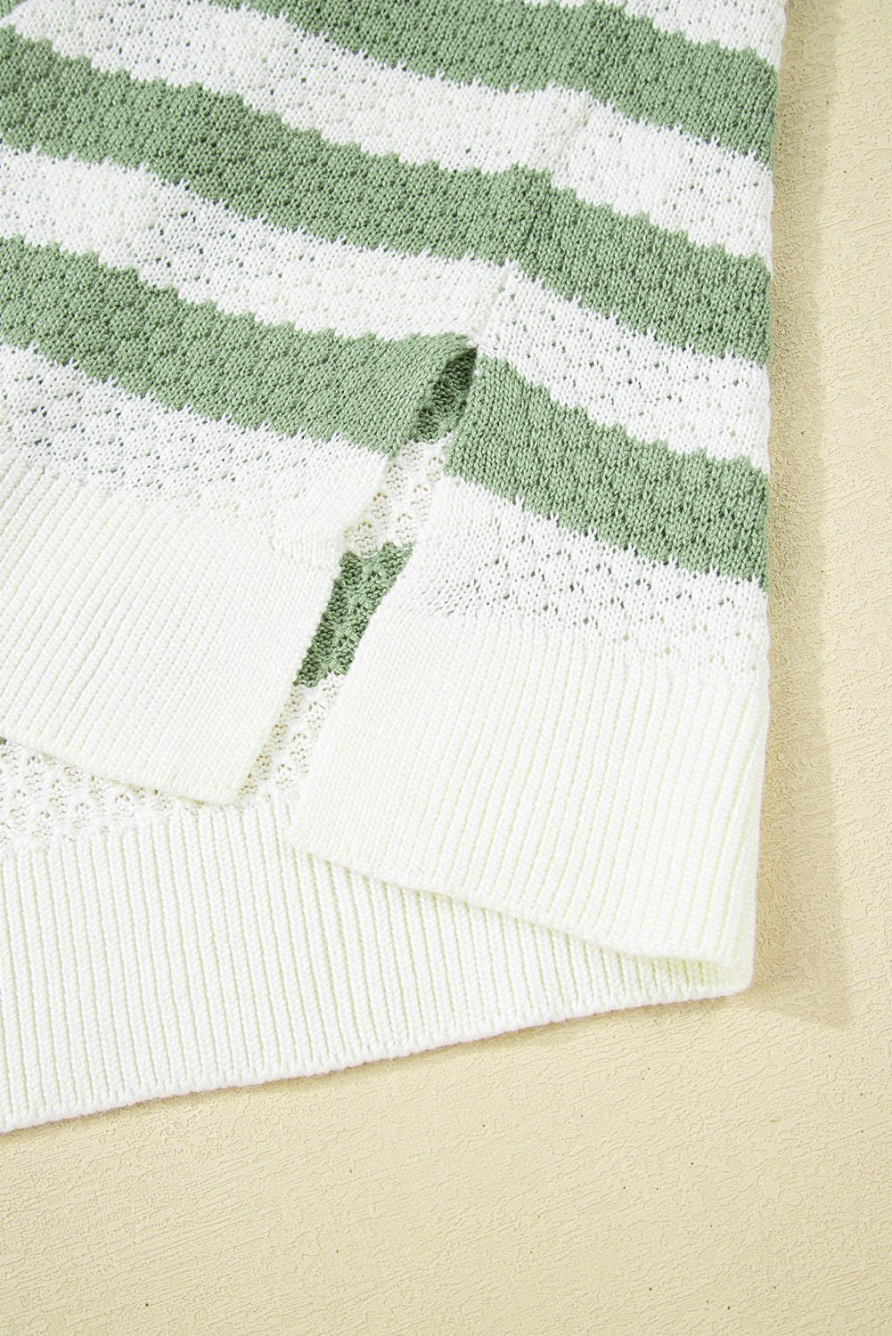 Green Stripe V Neck Short Sleeve Sweater with Side Slits