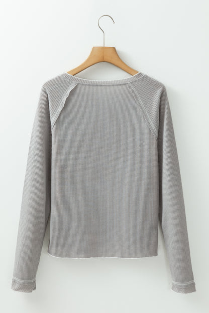 Gray Textured Round Neck Long Sleeve Top