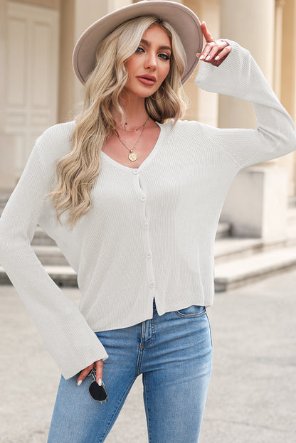 White Lightweight V Neck Button Front Bell Sleeve Cardigan Sweater