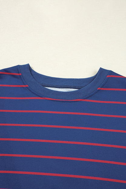Blue Stripe Stylish Overlap Detail Drop Shoulder Pullover Sweatshirt
