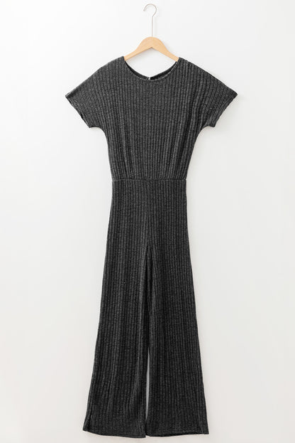 Dark Grey Ribbed Keyhole Short Sleeve Wide Leg Jumpsuit