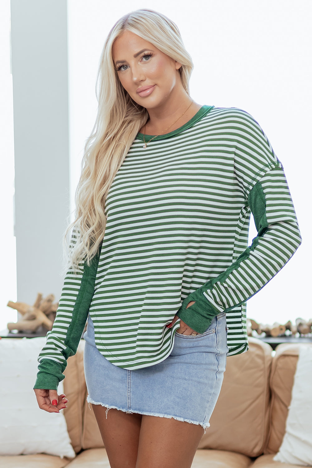 Green Stripe Thermal Knit Drop Shoulder Casual Top